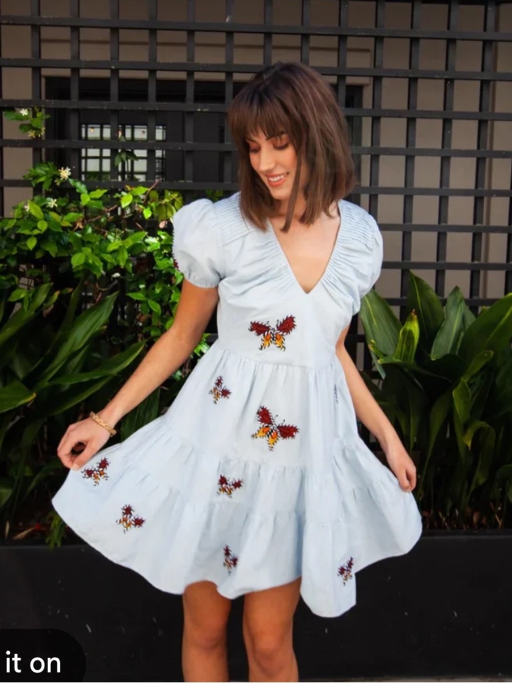 Light Blue Embroidered Mini Dress with Puff Sleeves